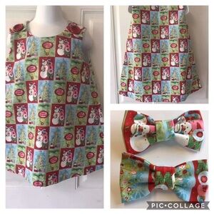 NWOT Size 2 custom made Christmas Red/blue/green snowman jumper dress/bows